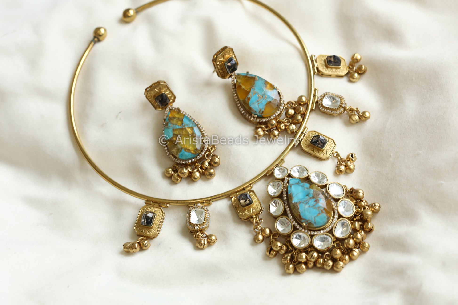 Premium Mosaic Doublet &  Uncut Kundan Hasli Set (103-22)