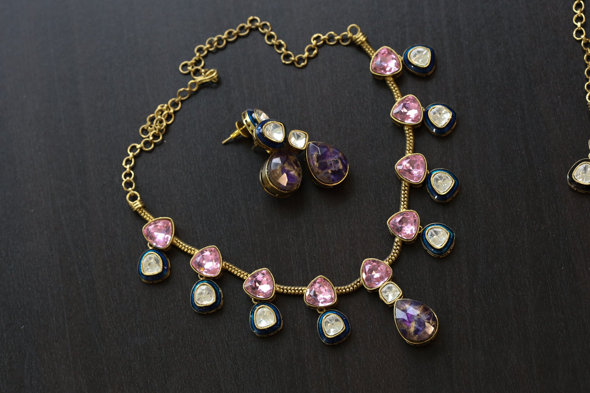 Polki Kundan, Enamel  & Marble Doublet Set - Pink (103-14)