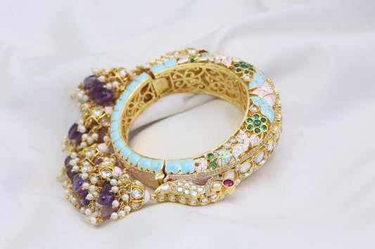 Uncut Kundan Enamel Jhumka  Bangle - Blue (B101-19)