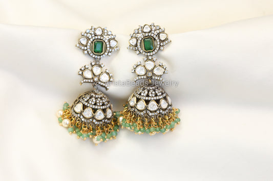 Silver Look Alike Victorian Polki Jhumka -  Green