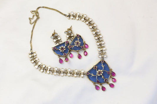 Victorian Finish Blue Polki Kundan Set