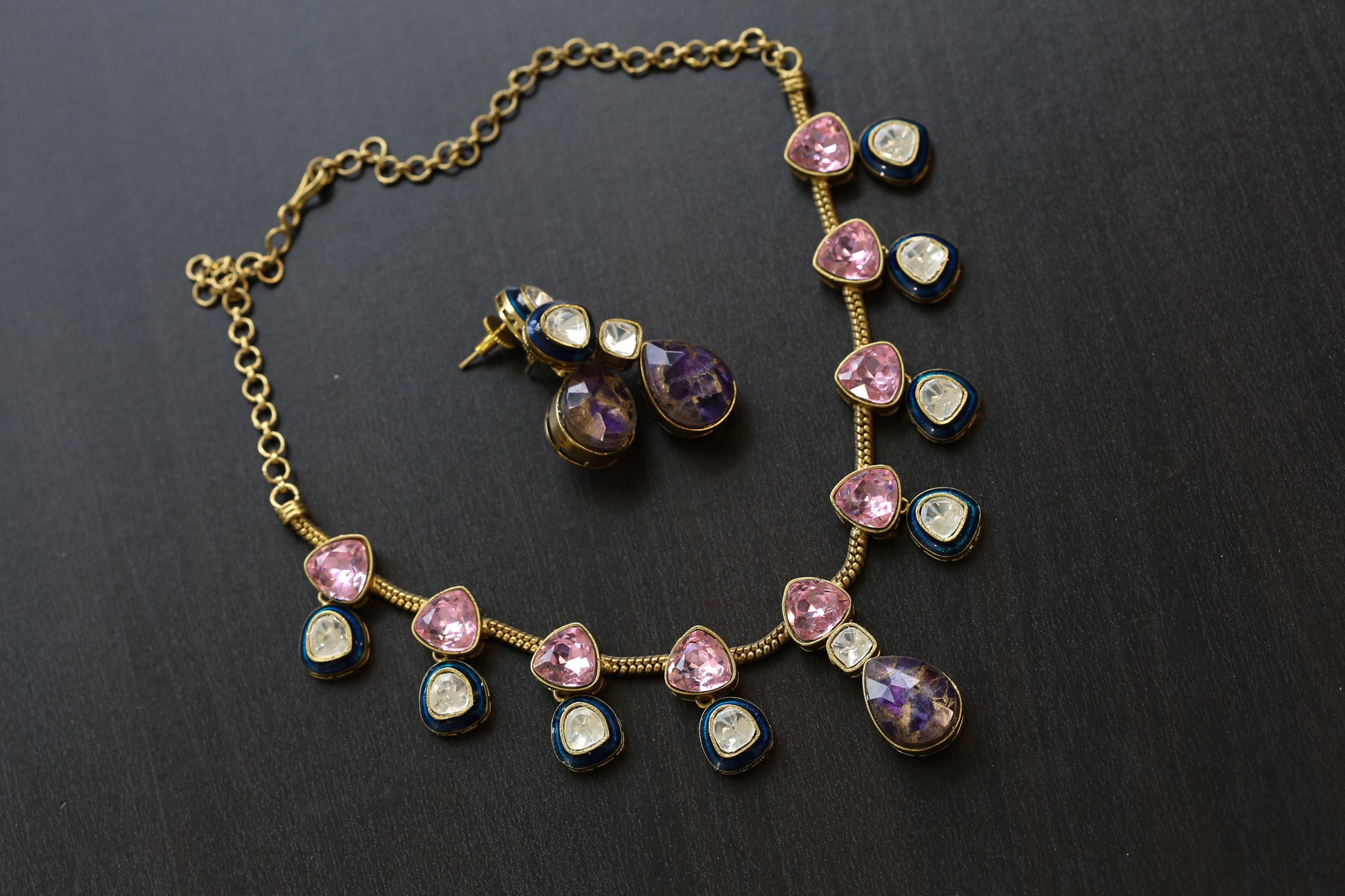 Polki Kundan, Enamel  & Marble Doublet Set - Pink (103-14)