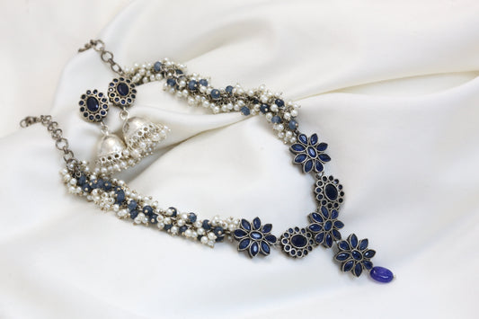 Oxidized CZ & Pearls Necklace Set - Blue Jhumka