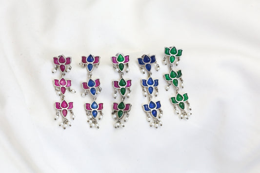 Silver Tone Kundan & Pearls Lotus Earrings