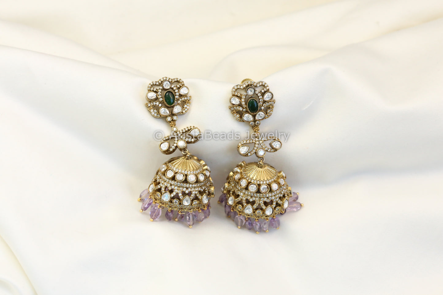 Real Silver Look Victorian Polki Jhumka -  Amethyst