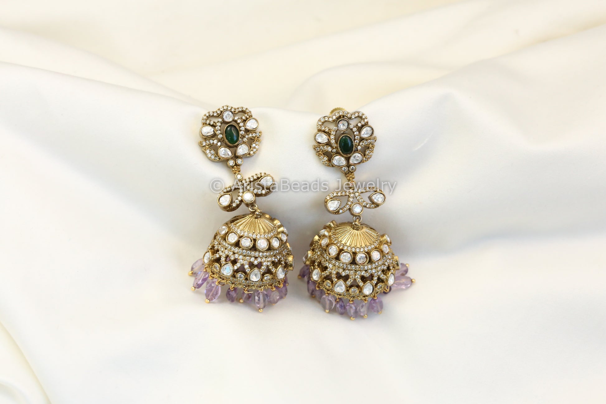 Real Silver Look Victorian Polki Jhumka -  Amethyst
