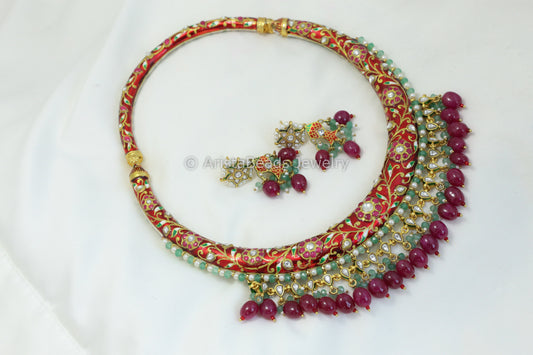 Handcrafted Rajwada Meenakari Kundan Hasli Set - Red