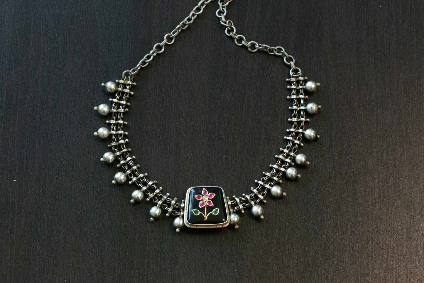 Kundan Inlay Silver Look Alike Fusion Necklace - Black (T102-33)