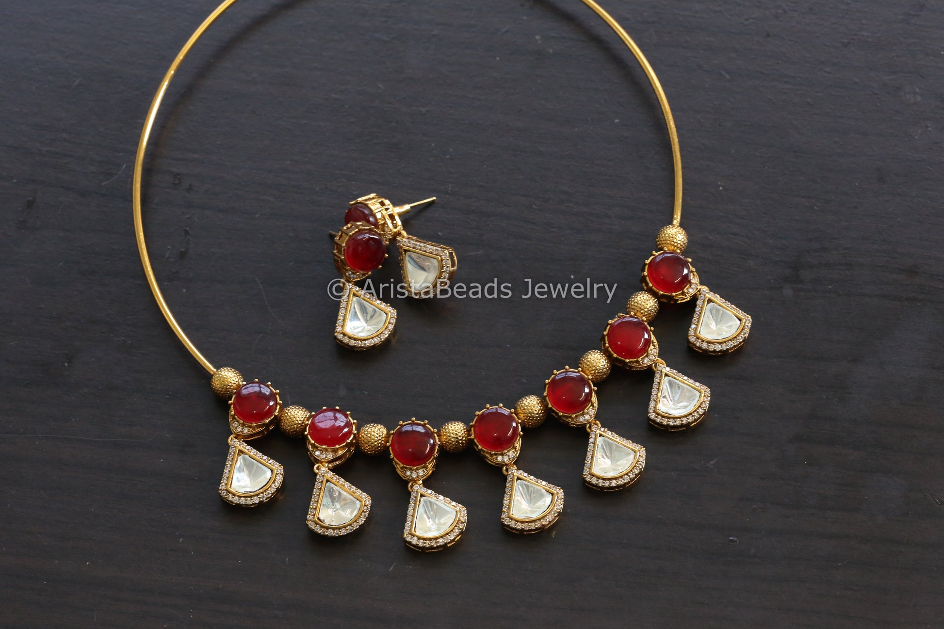 Red Pota Doublet Stone & Polki Hasli Set (102-24)