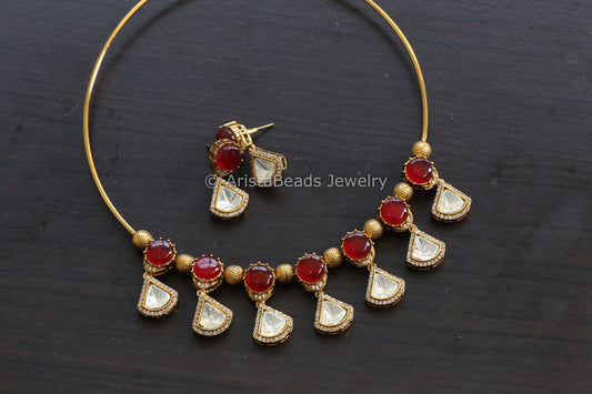 Red Pota Doublet Stone & Polki Hasli Set (102-24)