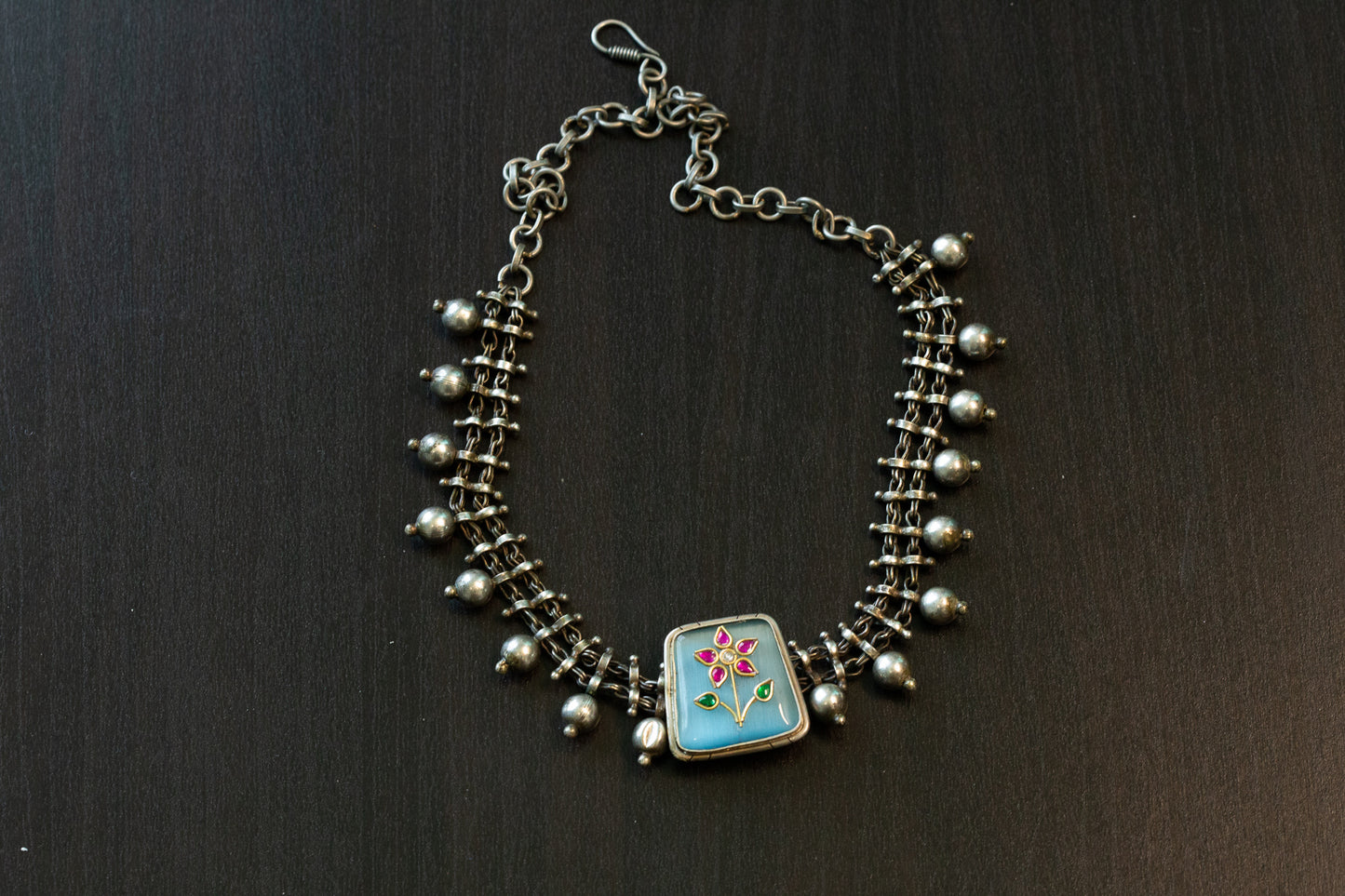 Kundan Inlay Silver Look Alike Fusion Necklace  (T102-36)