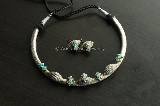 Jadau Silve Finish Hasli Set - Turquoise
