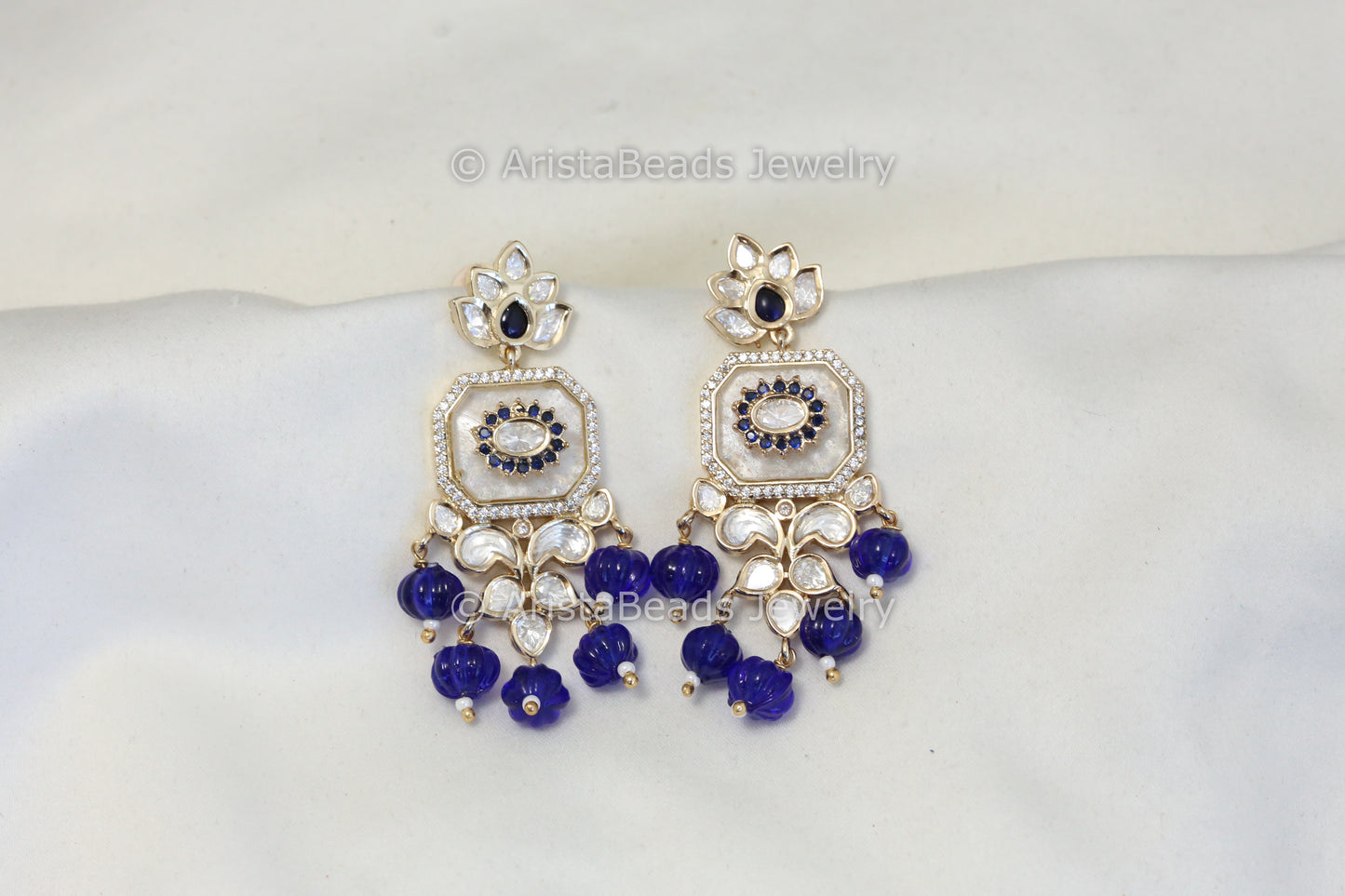 MOP Kundan Polki earrings - Blue