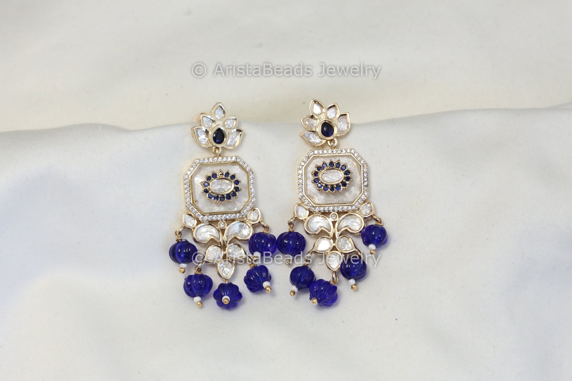 MOP Kundan Polki earrings - Blue