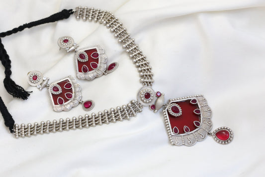 Silver Look Necklace Set - Red