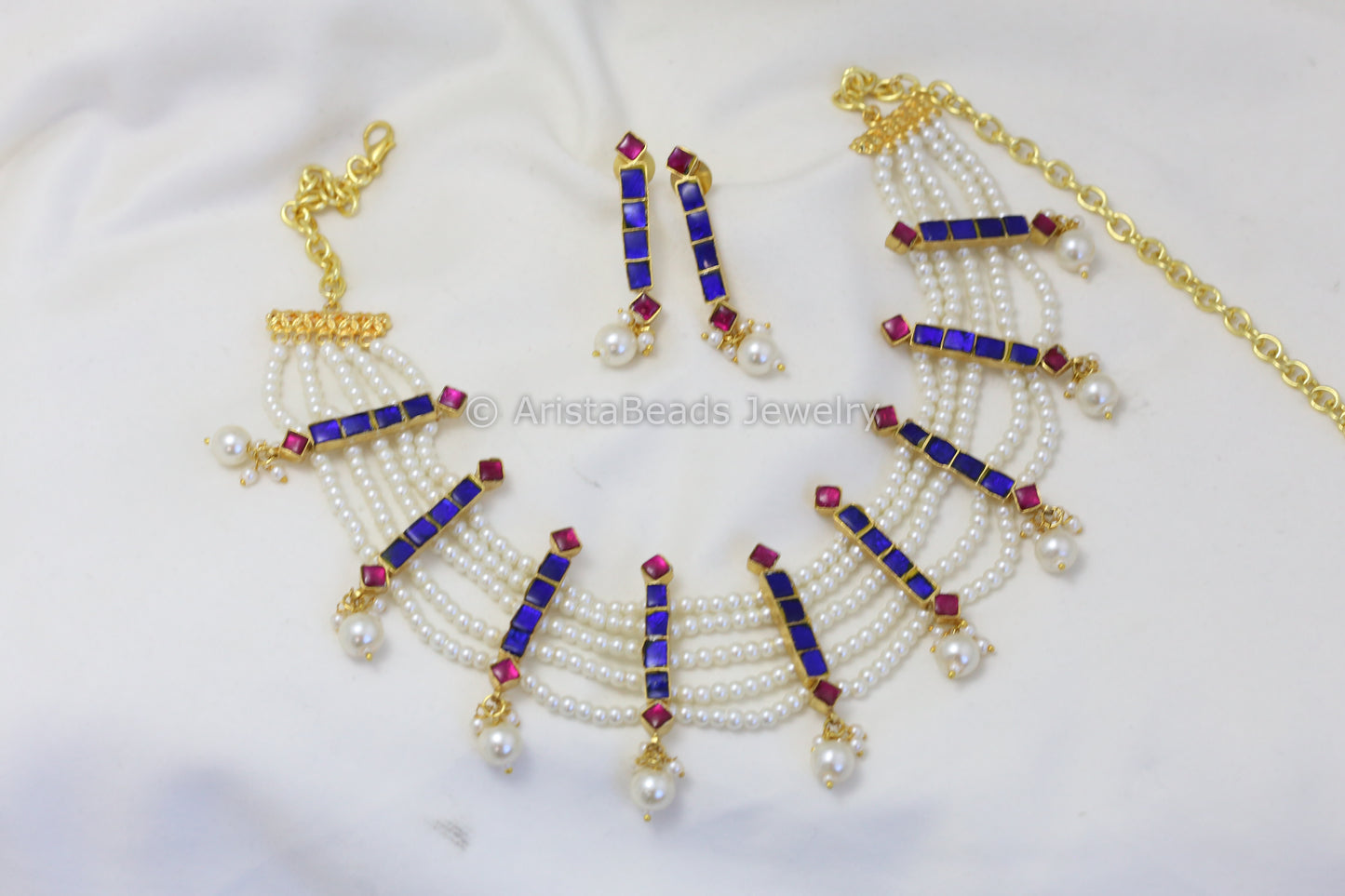Kundan Jadau Pearl Necklace Set - Blue