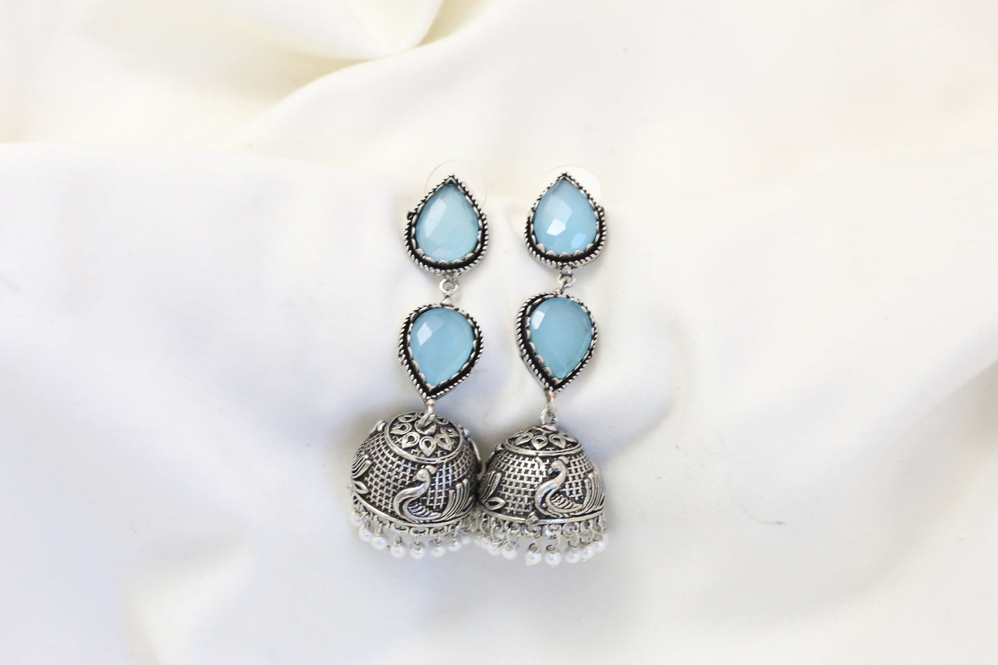 Rayna Oxidized Jhumka - Ice Blue