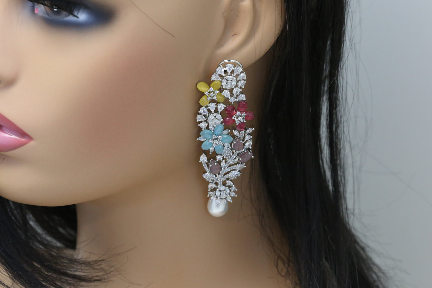 Kiran CZ & Carved Stones Pearl Earring- Yellow