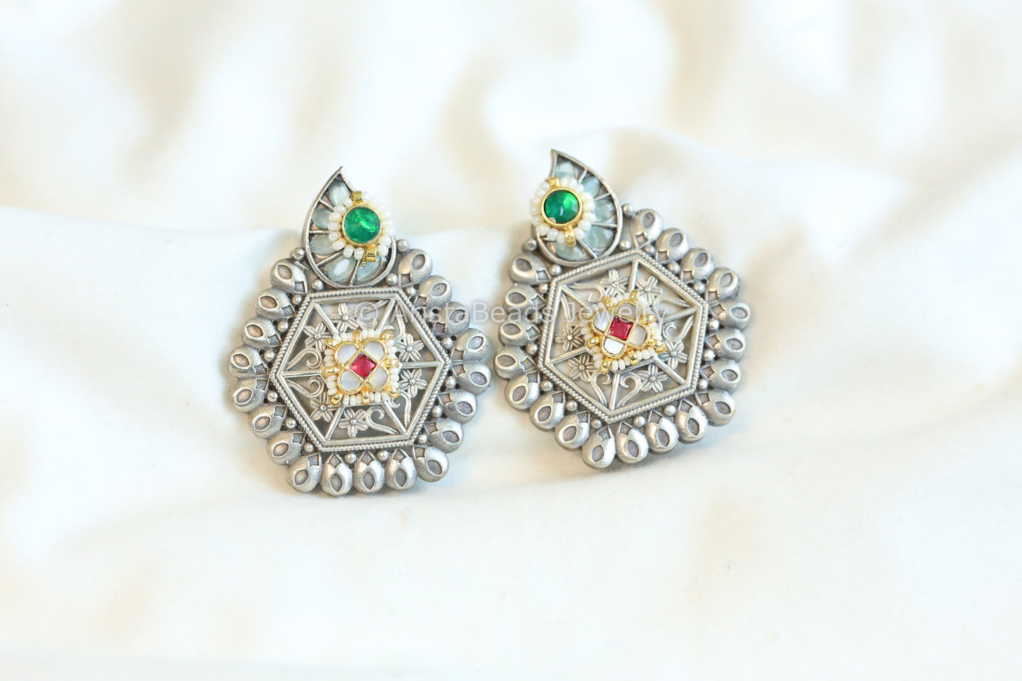 Anuja Green Silver Tone Chandbaali - ABJOC-02