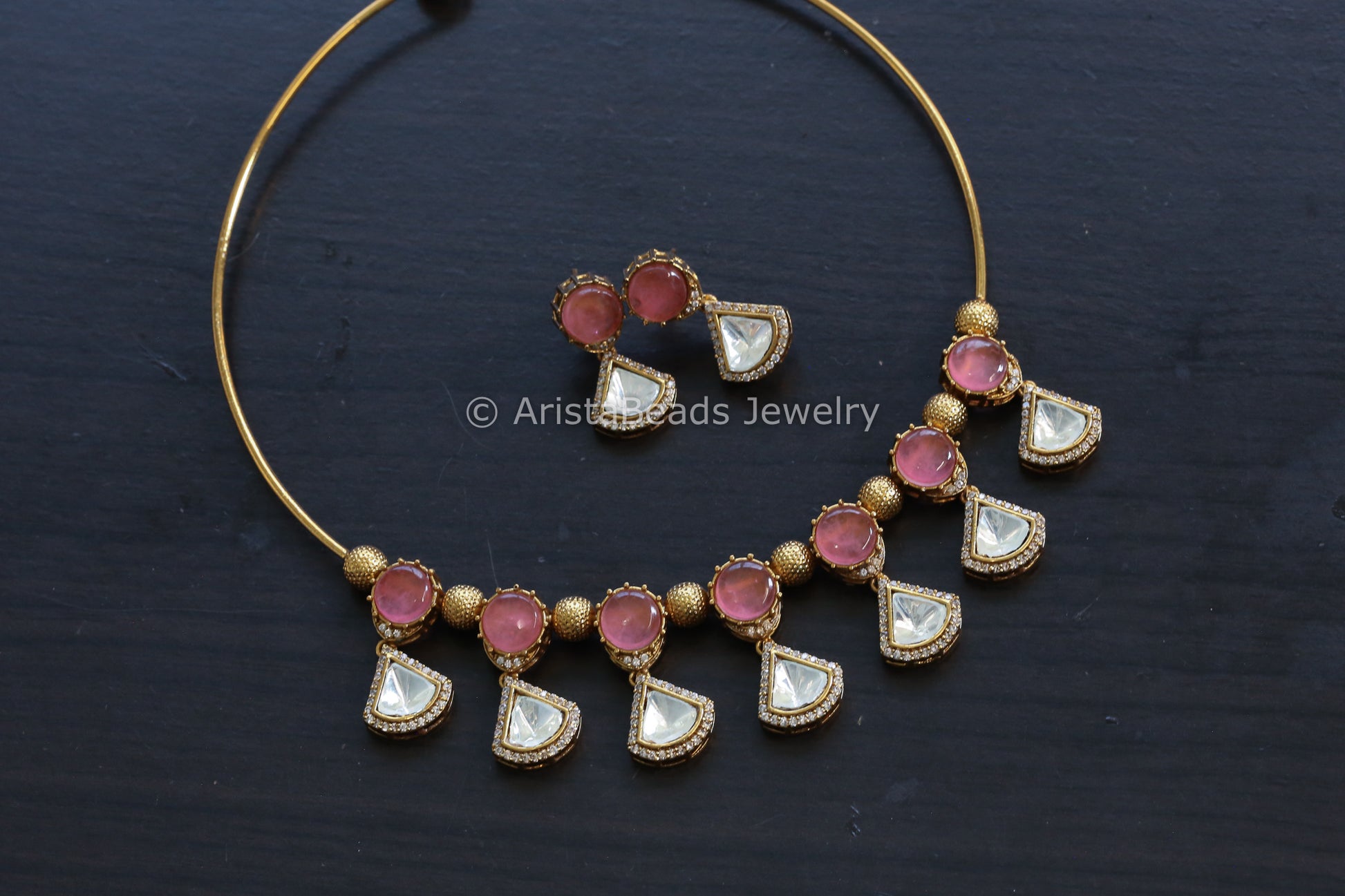 Pink Pota Doublet Stone & Polki Hasli Set (102-22)