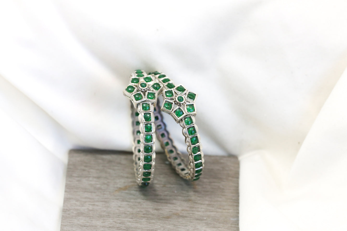 Kemp Silver Finish Bangle Set (2.4) - Green
