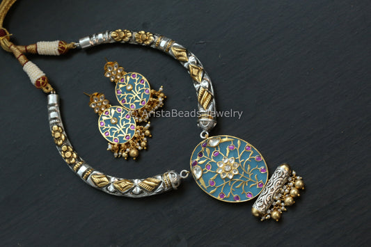 Silver Look Alike Inlay Kundan Hasli Set - Teal