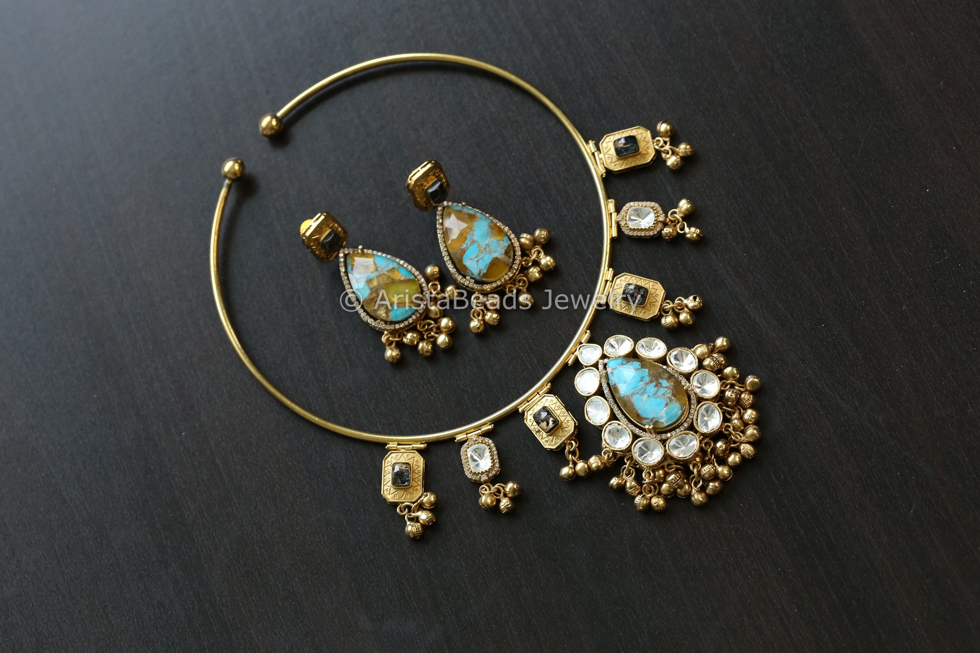 Premium Mosaic Doublet &  Uncut Kundan Hasli Set (103-22)