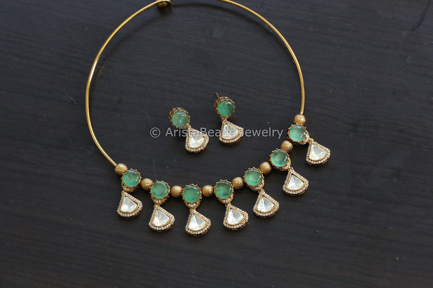 Mint Pota Doublet Stone & Polki Hasli Set (102-25)
