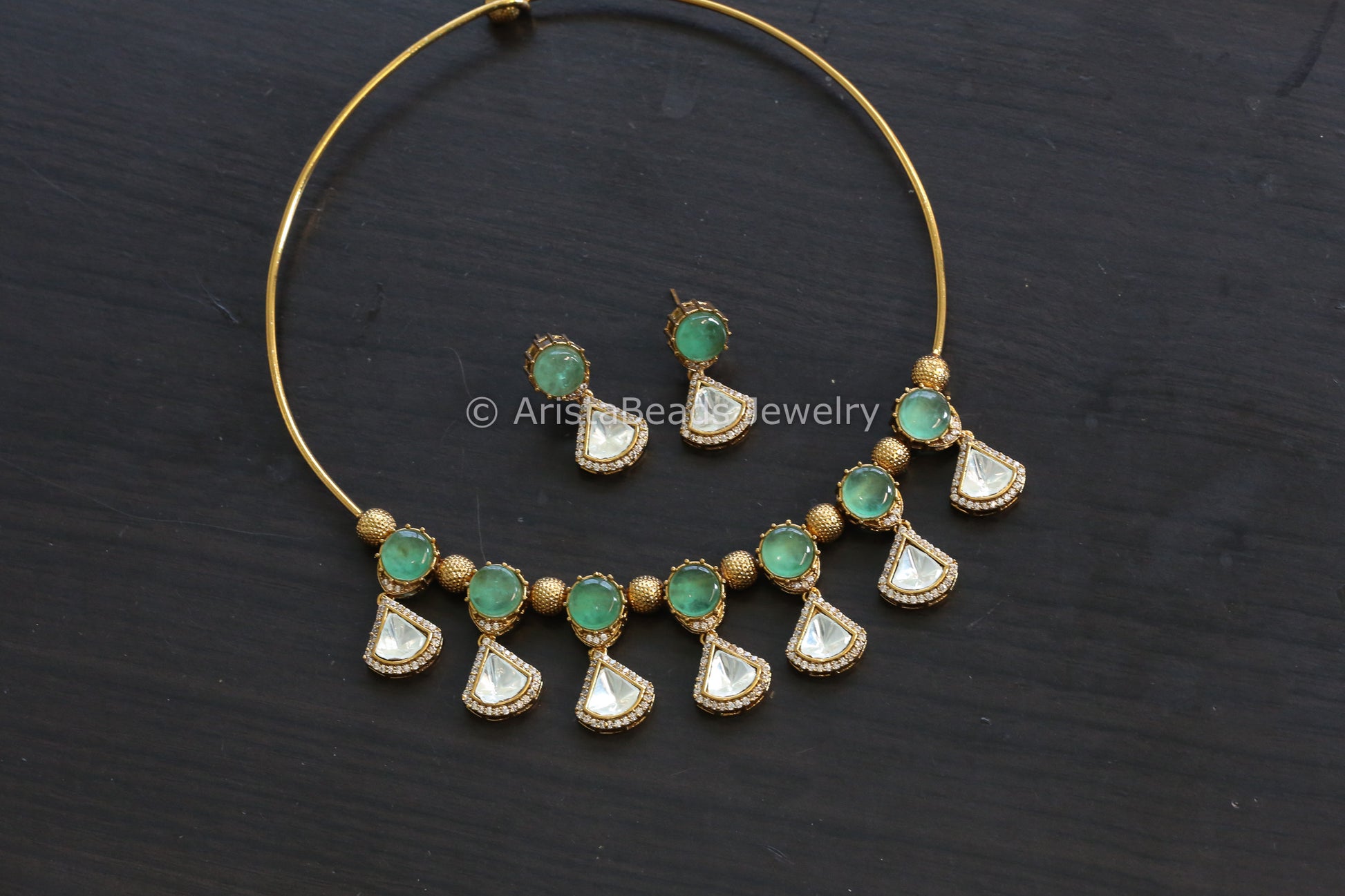 Mint Pota Doublet Stone & Polki Hasli Set (102-25)