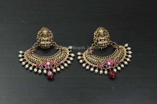 Matt Gold Antique Temple Chandbaali - Ruby