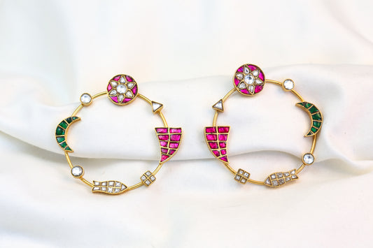 Contemporary Jadau Kundan Chandbaali  - Ruby Green(101-36)