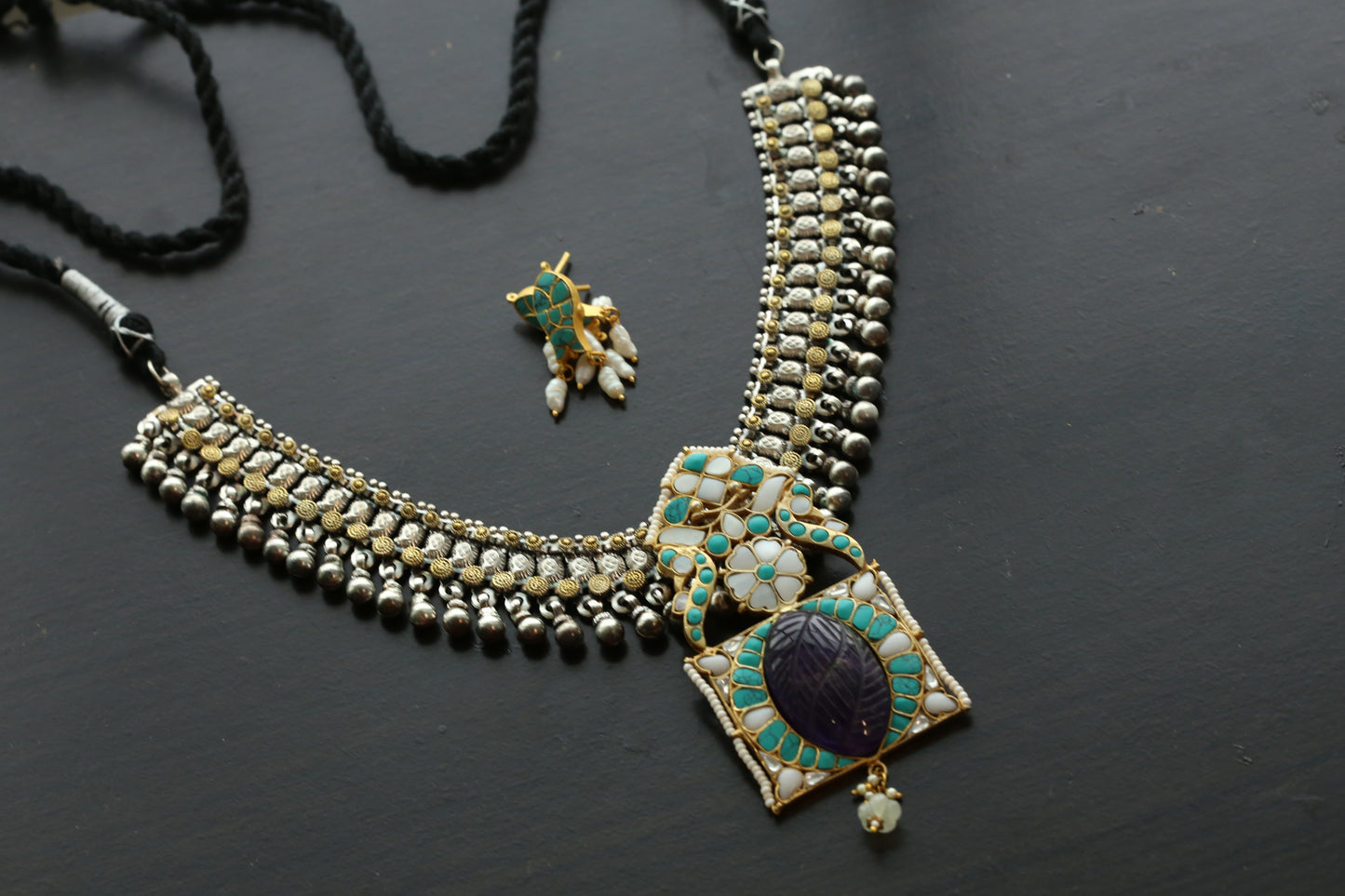 Dual Tone Jadau Fusion Necklace Set - Amethyst