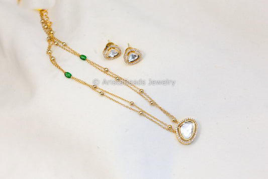 Dainty CZ & Uncut Kundan Set - Green