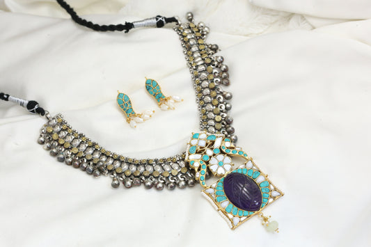Dual Tone Jadau Fusion Necklace Set - Amethyst