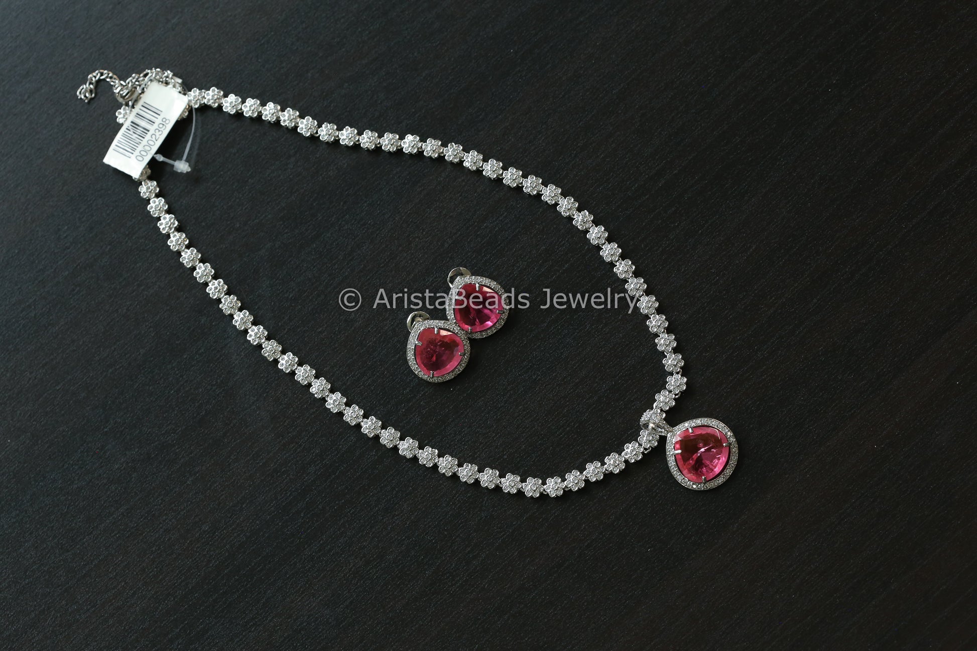 Removable Silver CZ & Pink Doublet Necklace Set (102-40)
