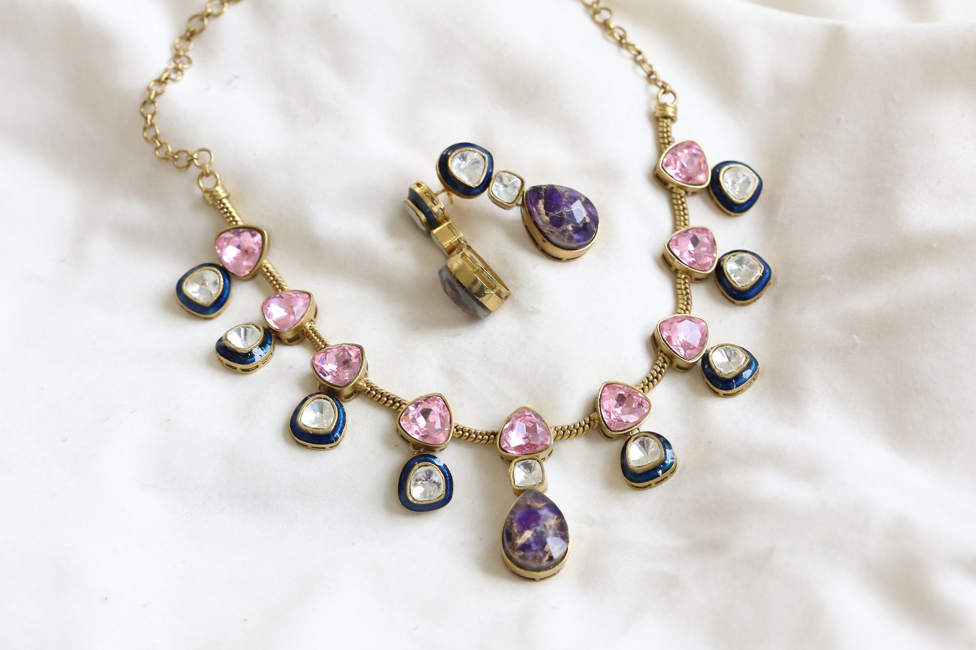 Polki Kundan, Enamel  & Marble Doublet Set - Pink (103-14)
