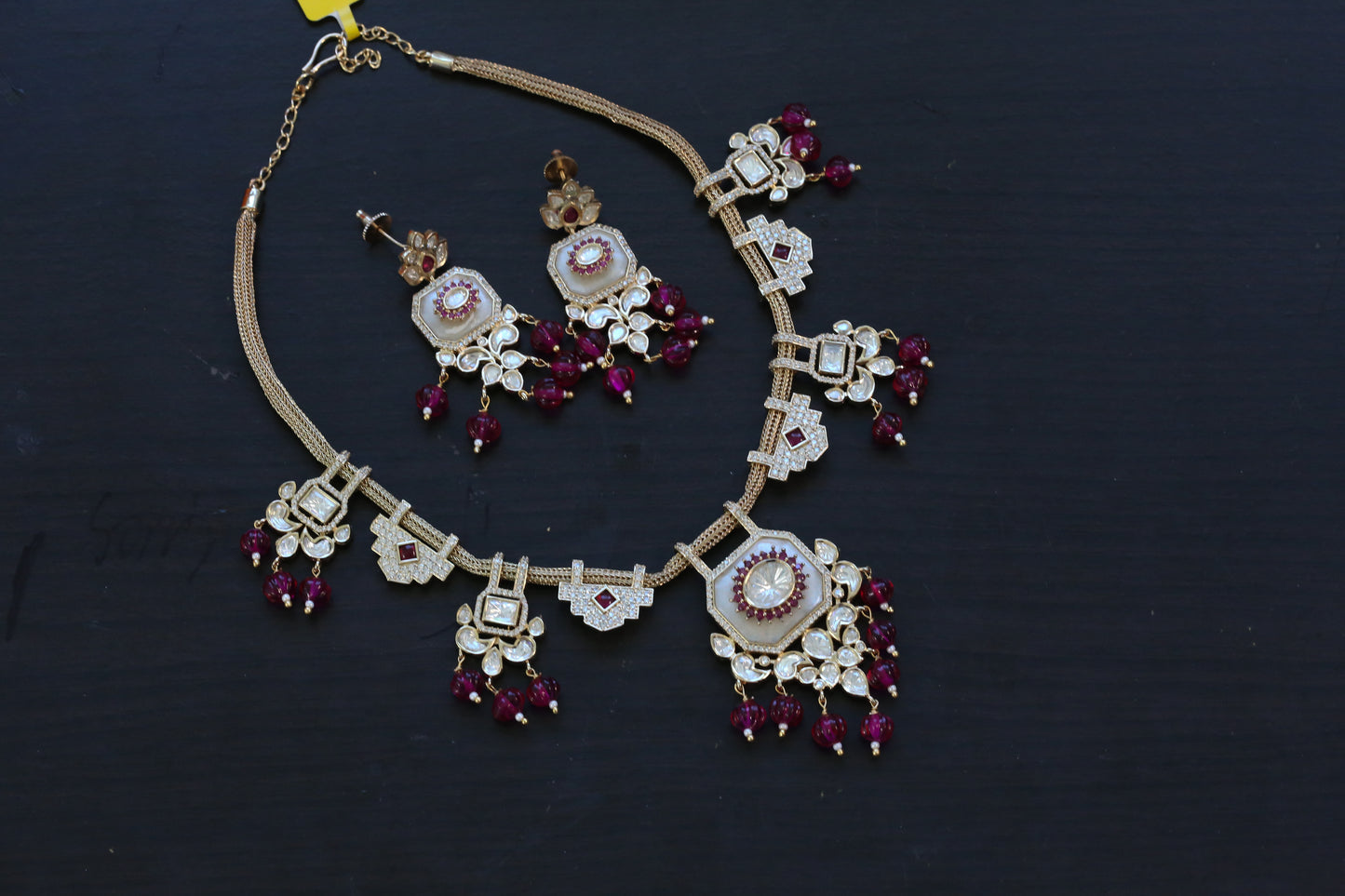 Mop Kundan Polki Necklace Set - Ruby Pink