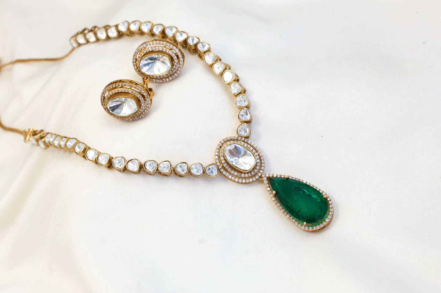 Uncut Kundan Polki Doublet Necklace Set - Green