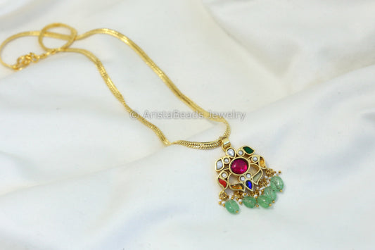 Dainty Jadau Pendant & Gold Chain - Navratna