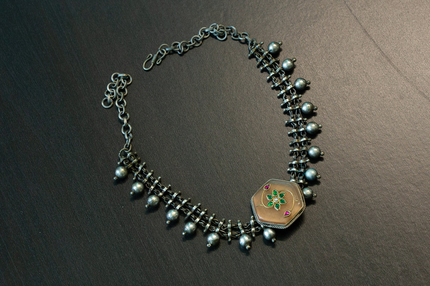 Kundan Inlay Silver Look Alike Fusion Necklace  (T102-37)