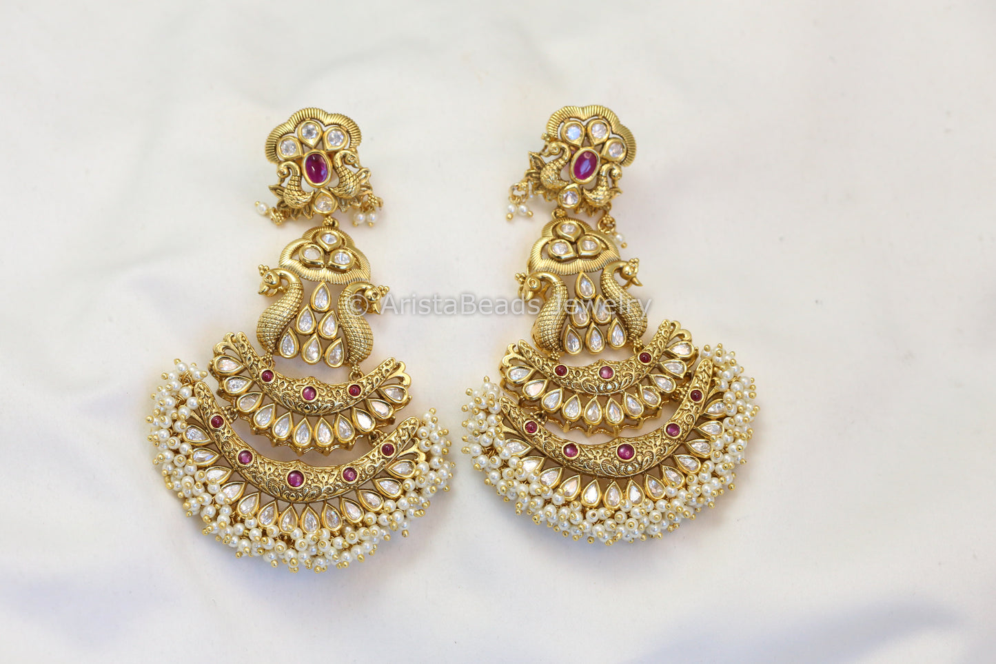Matt Gold Polki Kundan Chandbaali - Red