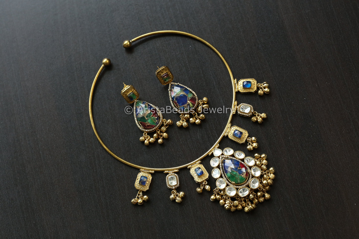 Premium Mosaic Doublet &  Uncut Kundan Hasli Set (103-21)