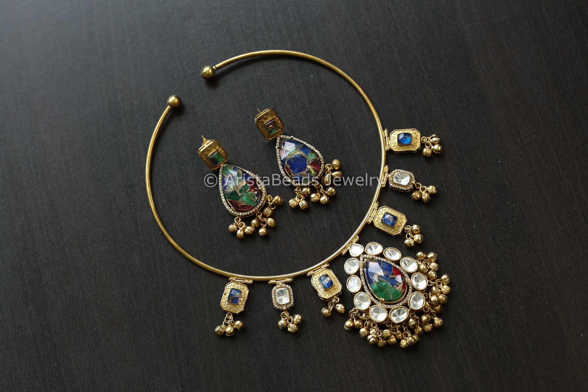 Premium Mosaic Doublet &  Uncut Kundan Hasli Set (103-21)