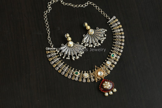 Dual Tone Fusion Kundan Set - Red (ABJ-N101-68)