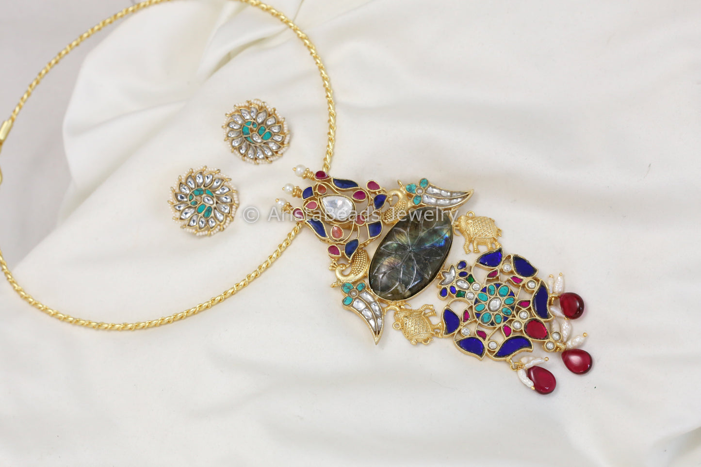 Labradotite Multicolor Jadau Fusion Necklace (Removable Hasli)