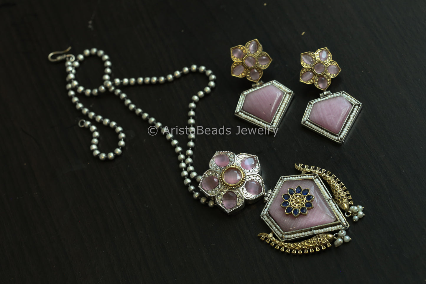 Pink Monalisa Stone Dual Tone Necklace Set (ABJ-N101- 65)