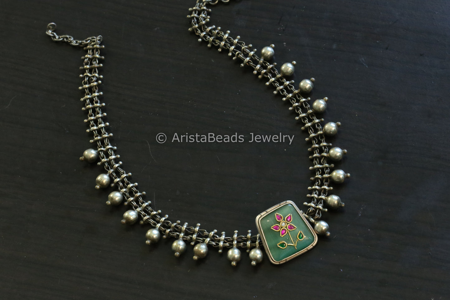 Kundan Inlay Silver Look Alike Fusion Necklace - Mint