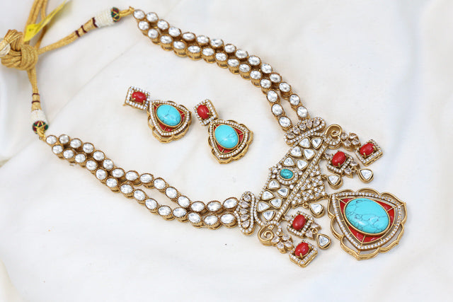 Victorian Moissanite Look Polki & Pota Doublet Set - Coral Turquoise