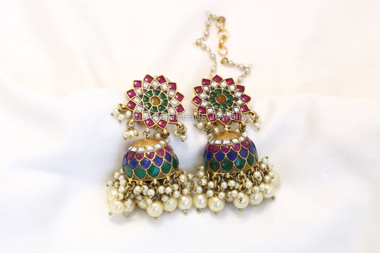 Sahana Antique Gold Jadau Kundan Jhumka - Navratan