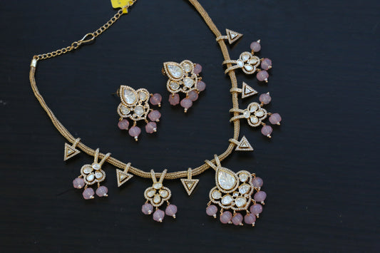 Contemporary Polki Uncut Kundan Set - Pink